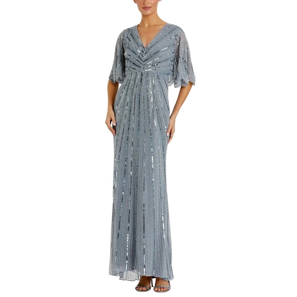 Mac Duggal 93583 Blue Gray Evening Gown Sequin Cape Sleeve Column Dress Size 14
